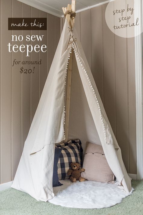 Step by step tutorial on how to make a simple, no sew dropcloth teepee for around $20! Teepee Tutorial, Diy Kids Teepee, Budget Bedroom Makeover, Diy Tipi, Diy Teepee, Jenna Sue Design, Jenna Sue, Budget Bedroom, Teepee Kids