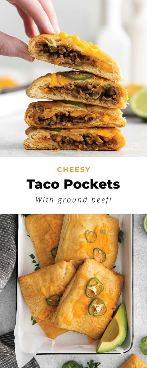 Ground Beef Pocket Recipes, Croissant Tacos Crescent Rolls, Crescent Rolls Ground Beef Recipes, Pilsbury Crescent Recipes Dinner Meals, Hamburger Meat Recipes Crescent Rolls, Crescent Roll Savory Recipes, Taco Cresent Rolls, Pocket Tacos Recipe, Taco Pockets Crescents