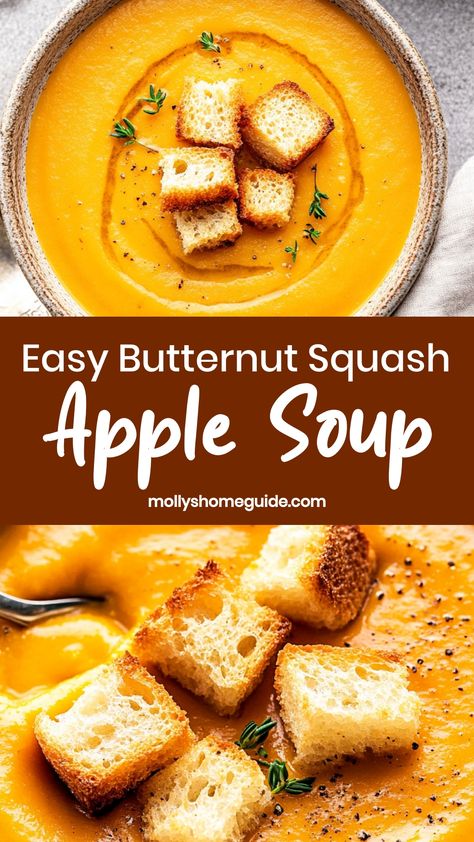 Indulge in the delicious flavors of fall with this aromatic butternut squash apple soup. This recipe pairs the natural sweetness of butternut squash with the tartness of apples, creating a rich and creamy soup that is perfect for cozy evenings. Nutritious and comforting, this soup is packed with vitamins and antioxidants to nourish your body during the colder months. Serve it as a starter for a dinner party or enjoy it as a hearty lunch option. Butternut Squash Soup With Croutons, Butternut Apple Soup Recipes, Butternut Squash Soup Recipes With Apples, Butternut Squash Soup With Apple Cider, Best Ever Butternut Squash Soup, Brie And Butternut Squash Soup, Butternut Squash Apple Soup Recipes, Butternut Squash And Acorn Squash Soup, Martha Stewart Apple Butternut Squash Soup