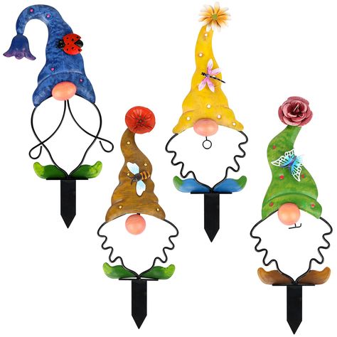 PRICES MAY VARY. Special Design - Set of 4 pack colorful metal gnome silhouette stakes, which show a lovely shape under the light or sun. Meanwhile, they are presented in the form of art to make your garden lawn full of beautiful by adopting a unique hollow-carved design. It will make Your garden become a landscape High Quality - Made of high quality iron and exquisite craftsmanship, this garden gnome stake is dealt with colorful paint and anti-rust coating, so it can tolerate all kinds of outdo Decorative Garden Stakes, Lawn Ornament, Plant Labels, Wooden Statues, Charming Garden, Plant Supports, Garden Theme, Gnome Garden, Garden Stakes