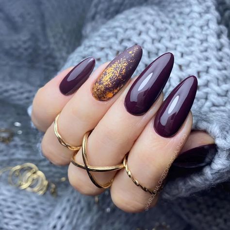 Try These 20+ Ideas For Adorable Fall Nails All Autumn Late Fall Nail Designs, Fall Almond Acrylic Nails, Almond Shaped Nails Designs Fall, Autumn Nails Almond Shape, Purple Almond Nails Design, Purple Autumn Nails, Almond Nails Fall Colors, Brown Gold Nails, Almond Nails Autumn