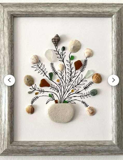 Seashell And Rock Crafts, Beach Stones Decoration, Shells On Canvas Seashell Art, Shell And Rock Art, Seashell Crafts Canvas, Diy Sea Shells Decorations, Sand Glass Art, New Home Sea Glass Art, Art With Seashells Diy Ideas