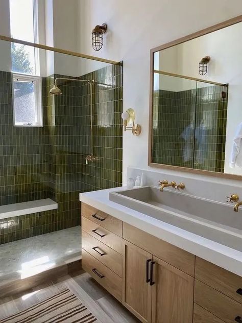 a cozy farmhouse bathroom design with an olive green wall Olive Green Bathroom Tiles, Green Brown Bathroom, Bathroom Olive Green, Green And Beige Bathroom, Olive Green Bathroom Ideas, Beige And Green Bathroom, Olive Green Interior Design, Olive Bathroom, Cozy Farmhouse Bathroom