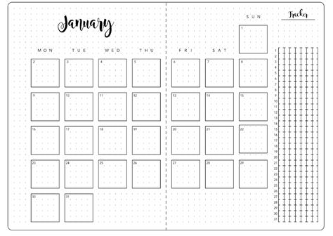 Monthly Layout - Kate Louise Bullet Journal Calendar Printable, Bullet Journal Yearly Spread, Bullet Journal Monthly Calendar, Monthly Bullet Journal Layout, Bullet Journal Layout Templates, Bullet Journal Yearly, October Planner, Journal October, January Bullet Journal