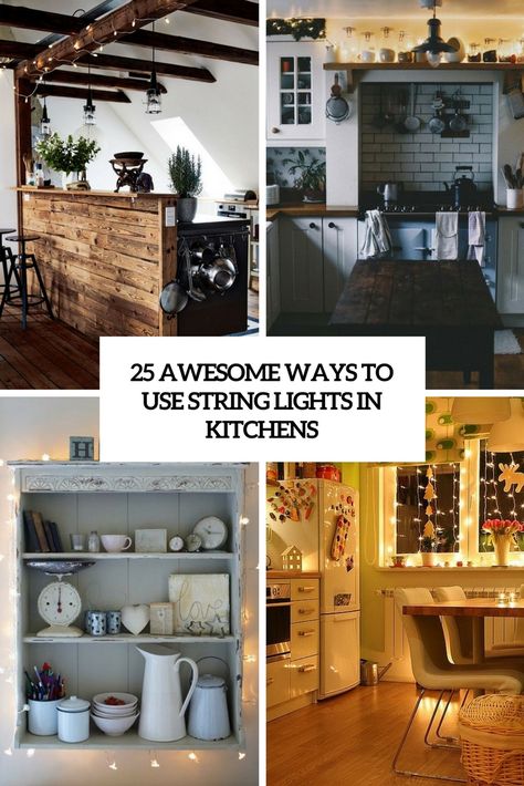 25 Awesome Ways To Use String Lights In Kitchens - DigsDigs Christmas Lights Kitchen, Fairy Lights Kitchen Cabinets, Christmas Lights Under Kitchen Cabinets, Kitchen String Lights, Over Stove Lighting Ideas, Christmas Lights In Kitchen, String Lights Kitchen Cabinets, String Lights In Kitchen, Cozy Kitchen Lighting