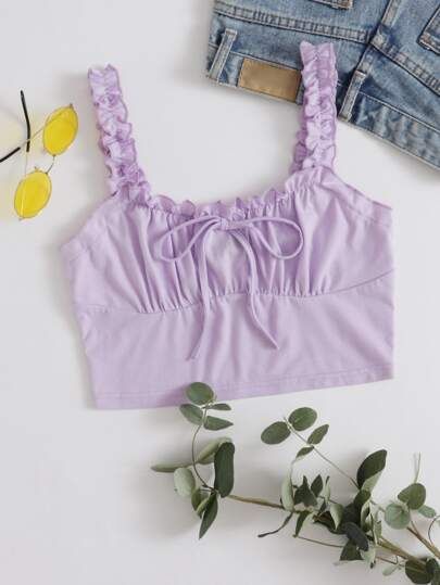 Snag this cute lavender crop top with frills and front tie for only $6, Ruched Bust Top, Pastel Lilac, Purple Crop Top, White Pastel, Women Tank Tops, Top Plus Size, Summer Crop Tops, Plus Size Tank Tops, Crop Top Outfits