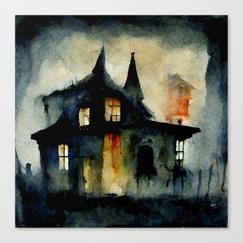 Haunted House Watercolor Painting, Watercolor Haunted House, Eerie Watercolor, Haunted House Art, House At Night, 2024 Art, Halloween Artwork, Diy Watercolor Painting, Diy Watercolor