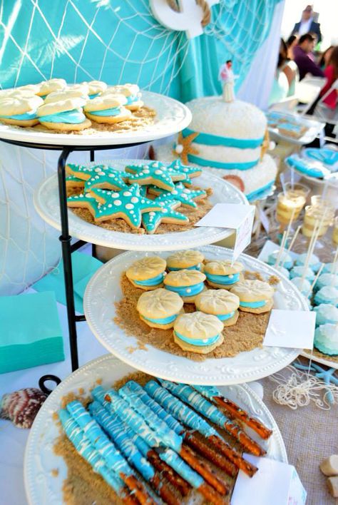 Beach Wedding Dessert Table, Beach Theme Desserts, Beach Theme Birthday, Beach Baby Showers, Ocean Birthday Party, Beach Themed Wedding, Mermaid Theme Birthday Party, Beach Birthday Party, Beach Table