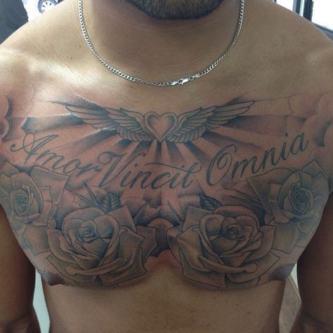 Cloud Tattoo Chest, Jah Tattoo, Chest Tattoo Unique, Chest Tattoo Clouds, Cloud Shading, Tattoos With Roses, Chest Tattoo Wings, Rose Chest Tattoo, Man Chest