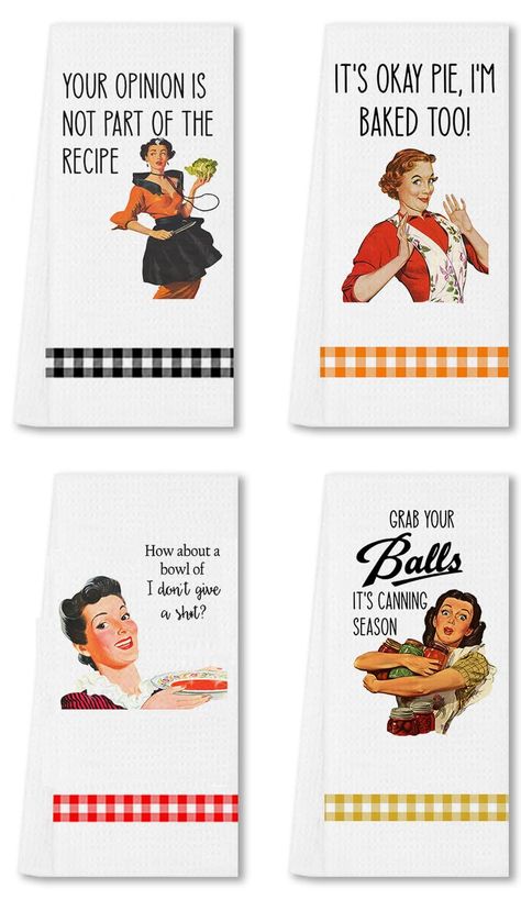 PRICES MAY VARY. Comes with a set of 4 absorbent 23.5 x 16 inch retro women designed microfiber kitchen towels for drying dishes and hands Made from 400gsm microfiber material that is quick drying, durable and machine washable Features vibrant prints that do not fade easily and add a retro touch to your kitchen decor Can be used as dishcloths, hand towels, napkins or for cleaning counters and windows Great housewarming, birthday or Christmas gift idea for women who love cooking and baking So you Funny Kitchen Towels, Funny Gifts For Women, Vintage Housewife, Flour Sack Dish Towels, Flour Sack Kitchen Towels, Decorative Set, Decorative Kitchen Towels, Funny Kitchen, Kitchen Cleaning Supplies