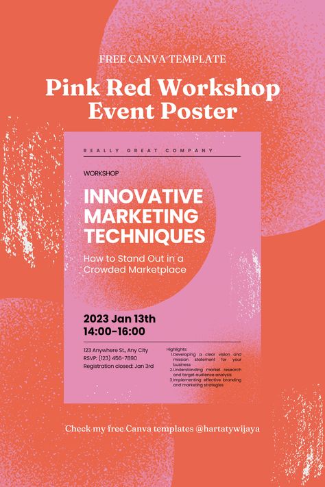 Free Canva Template - Pink Red Workshop Event Poster Communication Poster Design, Design Workshop Poster, Announcement Poster Design Ideas, Workshop Poster Design Ideas, Simple Event Poster, Event Announcement Poster Design, Seminar Poster Design Events, Business Event Poster, Seminar Poster Design