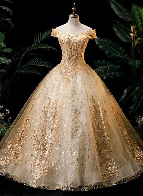 Gold Ball Gown Tulle with Lace Applique Formal Dress, Gold Sweet 16 Dress Gold Sweet 16 Dresses, Sweet 16 Dresses Long, Off Shoulder Party Dress, Gold Ball Gown, Wedding Dress Off Shoulder, Ball Gowns Vintage, Prom Dress Gold, Quinceanera Dresses Gold, Off Shoulder Ball Gown