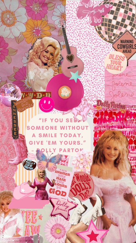 #dollyparton #wwdd #whatwoulddollydo #dolly #pink #gobigorange #nashville Preppy Dolly Parton Wallpaper, Dolly Parton Bid Day Theme, Dolly Parton Bathroom Ideas, Dolly Parton Collage, Dolly Parton 2nd Birthday Party, Dolly Parton Wallpaper, Dolly Bedroom, Dolly Parton Bachelorette, Dolly Parton Bachelorette Party