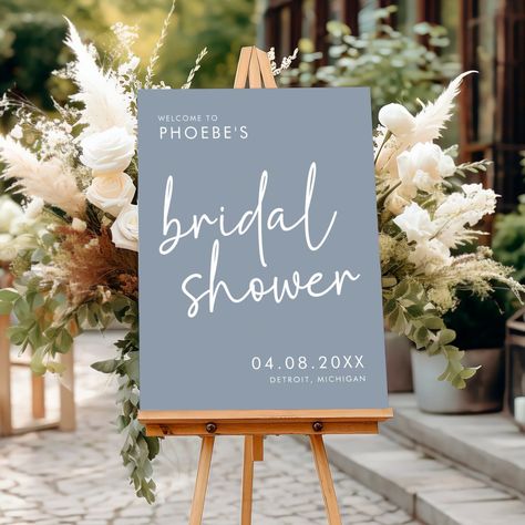 Dusty Blue Minimalist Bridal Shower Welcome Something Blue Bridal Shower Photo Backdrop, Bridal Shower Decor Simple, Dusty Blue Bridal Shower Ideas, Bridal Shower Entrance Sign, Navy Bridal Shower, Outdoor Bridal Showers, Balloon Arch Decorations, Dusty Blue Color, Taylor Wedding