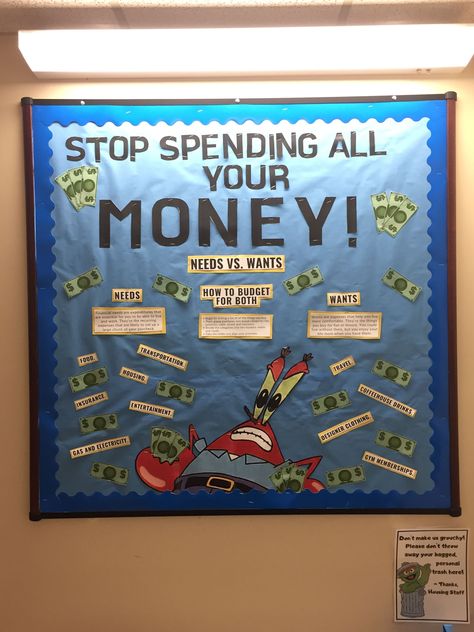 Financial Bulletin Board, Spongebob Ra Board, Ra Educational Programs, Financial Literacy Bulletin Board, Ra Social Programs, Res Life Programs, Literacy Bulletin Boards, Resident Assistant Programs, Residence Life Bulletin Boards