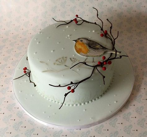 Winter themed Christmas cake from last year. I thoroughly enjoyed working on something different but Santa, Snowman, Penguins etc :-) Christmas Cake Decorating Ideas, Christmas Cake Decorating, Christmas Cake Ideas, Robin Christmas, Christmas Cake Designs, Hand Painted Cakes, Bird Cakes, Christmas Cake Decorations, Xmas Cake