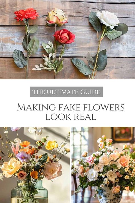 Master the art of making fake flowers look real. With a few simple tricks, you can easily make realistic fake flower arrangements that look just as beautiful as real ones. Learn which type is the best to use, how to treat them in different types of containers, how to prep and care for them, and more. Diy Fake Floral Centerpieces, How To Make Fake Flower Arrangements, How To Make Artificial Flowers Look Real, How To Make Fake Flowers Look Real, Diy Fake Flower Centerpieces, How To Make Artificial Flowers, Fake Floral Arrangements Diy, Diy Artificial Flower Arrangements, Fake Flowers Look Real