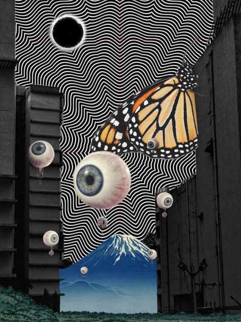 Monarch Butterfly, Mall, Mumbai, Parachute, Eye balls, buildings, mountains, Mount Fuji, grasslands, Black sun, trippy, illusion, black and white, trippy sky, trippy art, surreal Art Dreams And Nightmares Art, Nightmare Art Dreams, Nightmare Drawing Dreams, Drama Stimulus, Nightmares Art Dreams, Lowkey Aesthetic, Dreamtime Art, Nightmare Art, Art Topics