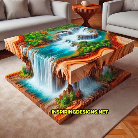 These Wood and Epoxy Waterfall Coffee Tables Will Make a Splash in Your Home Decor – Inspiring Designs Diy Epoxy Coffee Table, Aquarium Coffee Table, Ocean Room Decor, Art Deco Homes, Diy Resin Table, Resin And Wood Diy, Epoxy Coffee Table, Weird Furniture, River Flowing