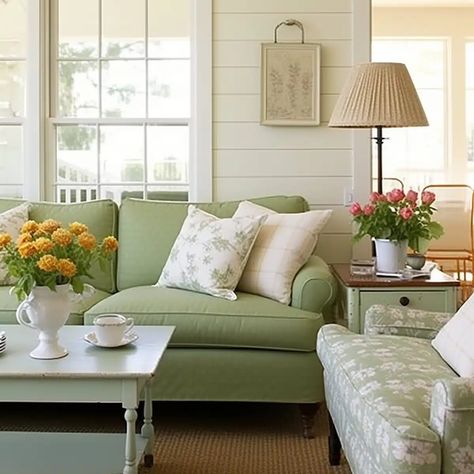 living_room_Cottage-Style_Green_Couch_Living_Room_So 3 Sage Sofa Living Room Decor, Sage Couch Living Room, Sage Green Sofa Living Room Ideas, Green Farmhouse Living Room, Light Green Couch, Sage Green Couch, Green Couch Living Room Ideas, Sage Green Sofa, Southern Living Rooms