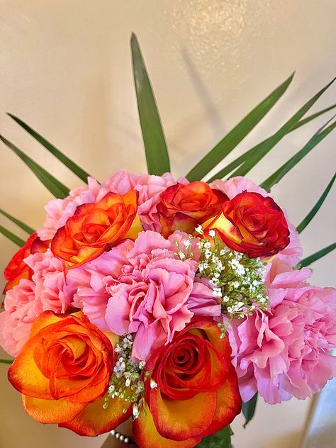 National Girlfriend Day Bouquet orange reddish roses, baby pink carnations and babybreath. Pink And Orange Bouquet, Girlfriend Day, Orange Bouquet, Hoco 2024, National Girlfriend Day, Girlfriends Day, Orange Bouquets, Boquette Flowers, Pink Carnations