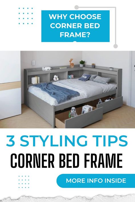 Corner Bed Frame: Modern Solutions for Compact Rooms Corner Bed Design Ideas, Full Size Corner Bed Ideas, Corner Bed Queen, Double Bed In Corner Of Room, Corner Bed With Storage, Bedroom With Corner Bed, Kids Corner Bed, Bed In Corner Of Room Diagonal, Queen Bed Against Wall In Corner