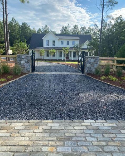 Stef&Sons on Instagram: "It takes a team to make things happen! Great builder great tradesmen and great customers!!! This was a great project with inside bluestone fireplace crab orchard curbing mini bluestone slate chips brick porches and stone columns to welcome the customer home each day. A lot of work for us but it was a pleasure doing it. Very thankful and blessed with a full workload." Bluestone Driveway, Brick Porches, Bluestone Fireplace, Brick Porch, Coastal Farmhouse Style, Gravel Driveway, Make Things Happen, Stone Columns, Home Landscaping