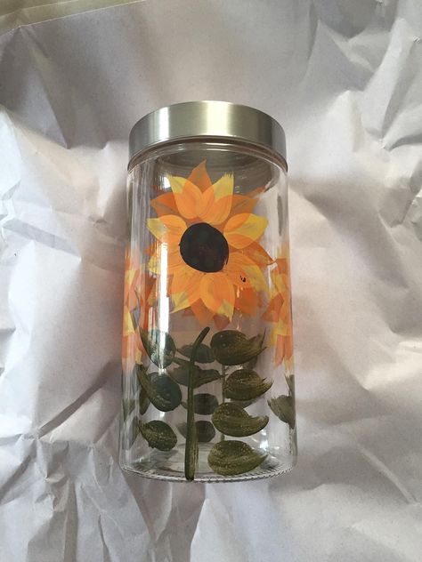 PRICES MAY VARY. Beautiful hand painted sunflower design Translucent bottle makes it easy to see amount remaining Great for use in the kitchen, bathroom, or craft room Holds 58 ounces Lid is included Things To Do With Jars, Discovery Bottles, Glass Painting Designs, Glass Storage Jars, Painting Glassware, Painted Jars, Painted Vases, Diy Bottle, Painting Designs