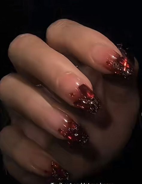 Red ombré acrylic nails with gems Ombre Dark Red Nails, Wine Prom Nails, Crystal Jelly Nails, Dark Red Vampy Nails, Wine Red Quince Nails, Red Moon In Venus Nails, Red Gemstone Nails, Dark Ethereal Nails, Red And Black Jelly Nails