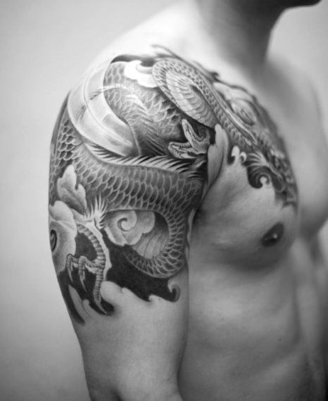 Men's Japanese Sleeve Tattoo Designs Dragon Tattoo Shoulder, Japanese Tattoos For Men, Dragons Tattoo, Dark Elements, Dragon Tattoos For Men, Japanese Dragon Tattoo, Dragon Sleeve Tattoos, Tattoo Trend, Mens Shoulder Tattoo