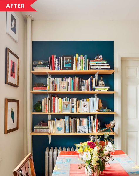 Before and After: Meredith's Living Room Accent Wall | Apartment Therapy Teal Bookshelves, Living Room Accent Wall, Easy Painting Projects, Painted Bookshelves, Bookshelves In Bedroom, Room Accent Wall, Open Bookshelves, Open Concept Living Room, Accent Walls In Living Room