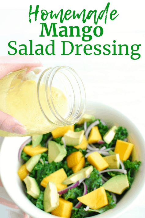 Need a healthy homemade salad dressing recipe? Try this easy mango salad dressing, made with just 6 ingredients and done in 5 minutes! #saladdressing #salad #dressing #mango Mango Vinaigrette Dressing, Healthy Homemade Salad Dressing, Healthy Homemade Salad Dressing Recipes, Mango Salad Dressing, Mango Dressing, Salat Dressing, Homemade Salad Dressing Healthy, Salsa Salad, Dressing For Fruit Salad