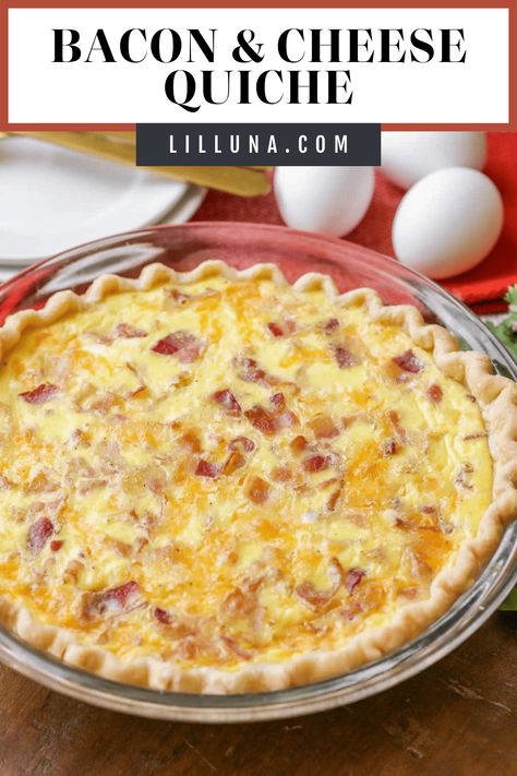 Bacon and Cheese Quiche is the perfect hot breakfast to share with a crowd. It's filling, savory, and full of delicious flavors. #quiche #quicherecipes #breakfastquiche #breakfast #baconandcheese Bacon Quiche Recipe, Bacon And Cheese Quiche, Cheese Quiche Recipe, Savory Breakfast Recipes, Fancy Breakfast, Breakfast Quiche Recipes, Bacon Quiche, Quiche Recipes Easy, Lil Luna