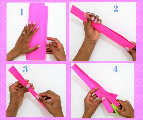 Easy Paper Bow steps- fold the paper and cut paper strips Bow Out Of Paper, Bow From Paper, Cheer Bow Tutorial, Paper Bows Diy, Color Paper Crafts, Paper Bows, Bow Craft, Make A Bow, Paper Bow