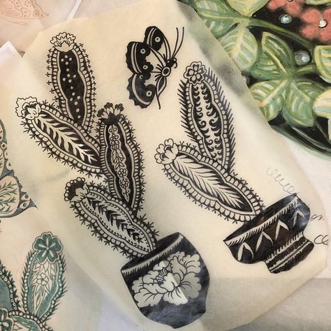 @morganhabe on Instagram: “Folk art Cactus can be done many ways! #folkart #folkarttattoo #cactusttattoo @classictattootx” Blooming Cactus Tattoo, Black And White Cactus Tattoo, Mexican Cactus Tattoo, Mexican Folk Tattoo, Mexican Folk Art Tattoos, Prickly Pear Cactus Tattoo, Traditional Cactus Tattoo, Traditional Plant Tattoo, Traditional Folk Tattoo