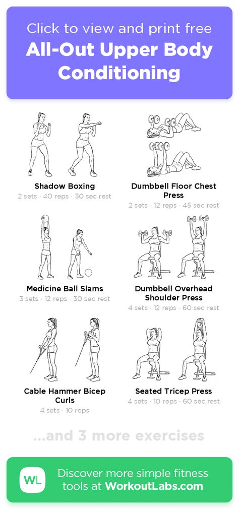 Free workout: All-Out Upper Body Conditioning – 53-min abs, arms, back, chest exercise routine. Try it now or download as a printable PDF! Browse more training plans and create your own exercise programs with #WorkoutLabsFit · #AbsWorkout #ArmsWorkout #BackWorkout #ChestWorkout Dumbell Workouts, Gym Things, Body Conditioning, Workout Labs, Summer Workouts, Full Body Dumbbell Workout, Workout Hiit, Dumbell Workout, Arm Workouts