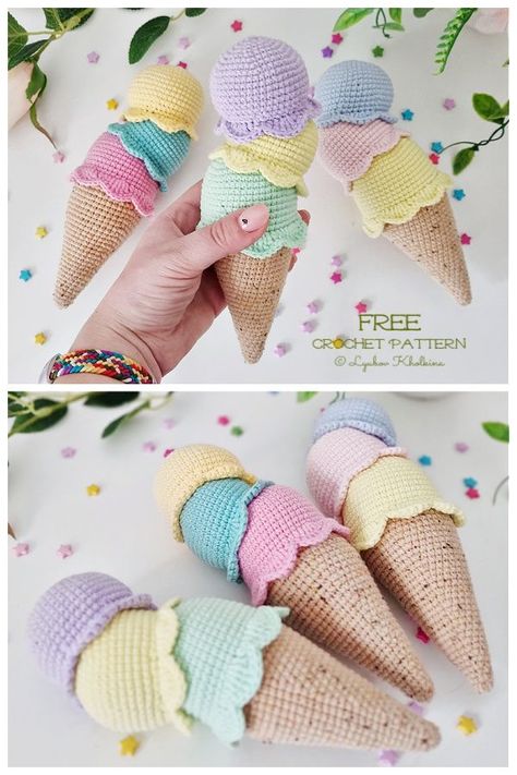 Crochet Ice Cream Amigurumi Free Patterns Ice Cream Amigurumi Free Pattern, Crochet Toy Food Free Pattern, Ice Cream Crochet Pattern Free, Crochet Toy Food, Crochet Learning Toys, Crochet Patterns Food, Crochet Food Toys, Crochet Toys For Kids, Free Food Crochet Patterns