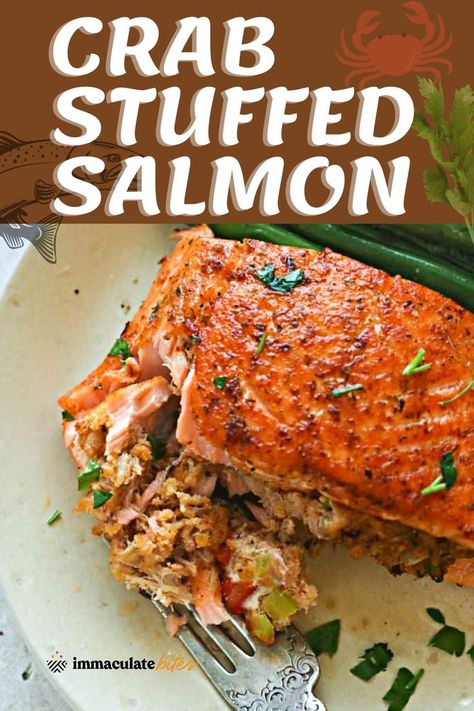 Heart-healthy salmon stuffed with crab, cream cheese, and delicious spices make a gorgeous entre that will make the whole family happy. Even better, this ridiculously mouthwatering seafood dish makes healthy eating a cinch. Seafood dinner ideas! Crab Stuffed Salmon Recipes Baked, Salmon Stuffed With Crab, Crab Stuff Salmon Recipes, Seafood Dinner Ideas, Stuffed Salmon Recipe, Salmon Stuffed, Crab Stuffed Salmon, Spooky Dinner, Stuffed Salmon