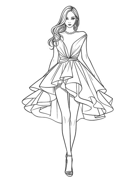 Off-the-shoulder night dress Dress Outline, رس�م كاريكاتير, Fashion Coloring Book, Fashion Design Books, Dress Illustration, Fashion Illustration Sketches Dresses, Fashion Sketches Dresses, Fashion Drawing Dresses, Dress Design Sketches