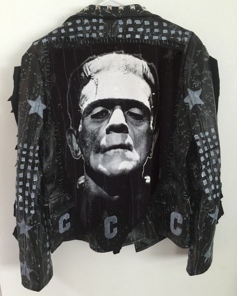 Frankenstein jacket from Chad Cherry Clothing! Universal monsters jacket! Horror icon jackets. Classic horror jacket. Monster Jacket, Battle Jackets, Creative Clothing, Battle Jacket, Diy Jacket, Frankenstein's Monster, Visible Mending, Black Jackets, Emo Kid