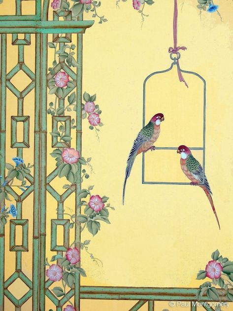 Treillage on silk N Chinoiserie Mural, Birds Illustration, Victorian Garden, Silk Wallpaper, Art Folder, Bird Artwork, Bird Wallpaper, Sketch Inspiration, China Art