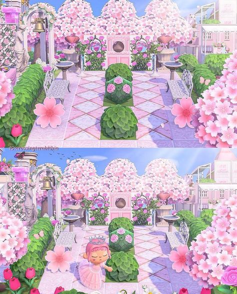 Pink Animal Crossing Aesthetic, Animal Crossing Girly Island, Acnh Pink Aesthetic, Acnh Barbie Island, Pink Path Animal Crossing, Animal Crossing Island Inspiration Cute, Pink Island Animal Crossing, Animal Crossing Pink Island, Animal Crossing Aesthetic Island