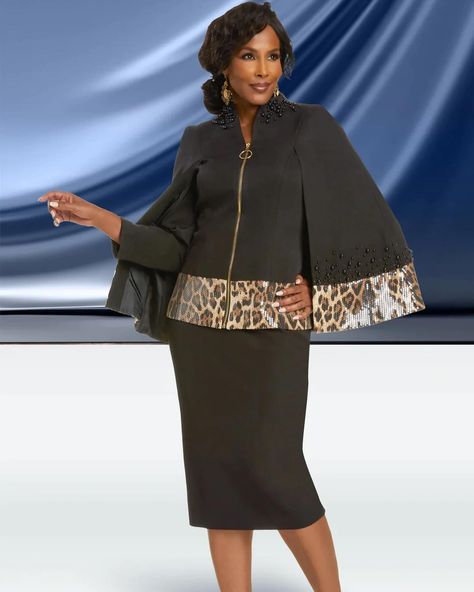 Donna Vinci 12041 2 piece Cape Skirt Suit Colors: Black Jacket Length: 26” Skirt Length: 30” Sizes: 8, 10, 12, 14, 16, 18, 20, 22 https://www.divasdenfashion.com/products/donna-vinci-12041 #DivasDenFashion #DonnaVinci #blackskirtsuit #cape #Galafashion #capesuit #sequin #crepe #animalprint #pearls #funeralfashion #luxefashion #skirtsuit #curvygirlsrock #cogicFashions #cogicgrand #teamcogic #curvyfashion #weddingfashion #apostolicfashion #Couturefashion #fashionchurch #churchfashions #... Donna Vinci Church Suits, Dresses Church, Church Attire, Women Church Suits, Church Suits, Church Events, Embellished Jacket, Suit Black, Church Dresses