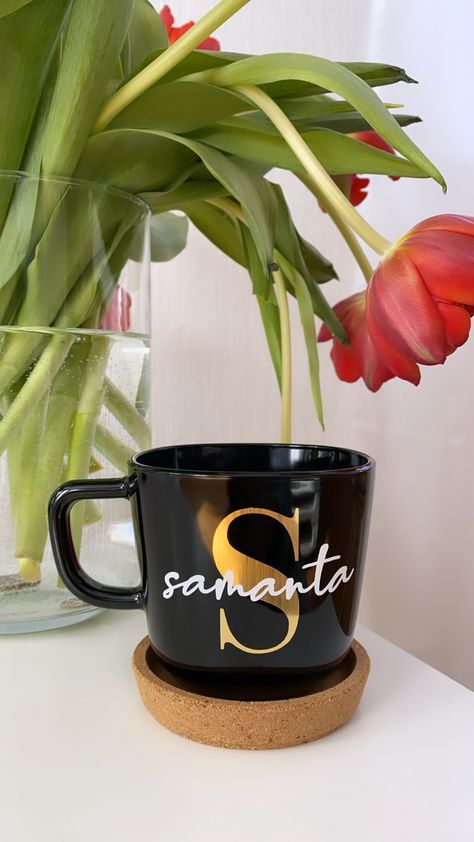 Black mug with gold and white print of initials and name on it Personalized Photo Mugs, Custom Graduation Gift, Using Cricut, Cricut Projects Beginner, Cricut Joy, Vinyl Print, Black Mug, Cricut Vinyl, Photo Mugs