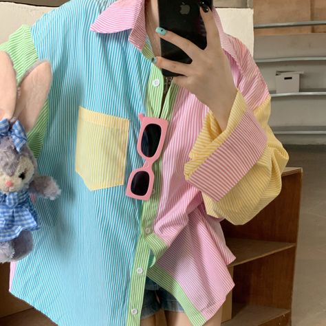 Pastel Retro Outfit, Synth Pop Fashion, Preppy Pastel Outfits, Masc Pastel Outfits, Colorful Button Up, Hyper Pop Outfit, Vintage Pastel Outfits, Rainbow Shirt Outfit, Pastel Clothing Aesthetic