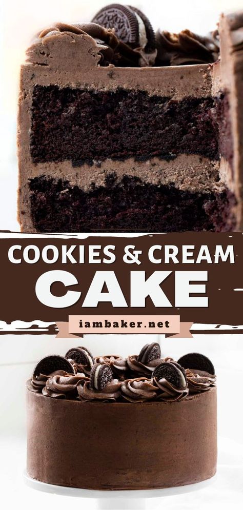 Cookies and Cream Cake is a sweet treat with layered chocolate cake, Oreo buttercream, and crushed Oreo cookies in between the layers. This baking recipe is a delicious yet easy dessert to impress. It also makes a great birthday cake idea! Cookies And Cream Sheet Cake, Easy Chocolate Birthday Cake, Cake Like Cookies, Chocolate Cake Oreo, Cookies And Creme Cake, Cookies N Cream Cake, Oreo Chocolate Cake, Oreo Cake Recipe, Layered Chocolate Cake