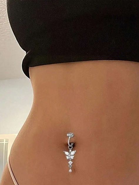 1 Pc Elegant Fake Piercing Navel Nail Inlaid White Zirconia Butterfly Pendant Clip On Belly Button Ring | SHEIN UK Clip On Piercing, Bellly Ring, Clip On Belly Button Rings, Fake Navel Piercing, Belly Dermal Piercing, Pearl Belly Button Piercing, Belly Button Piercing Ring, Aesthetic Belly Button Piercing, Navel Piercing Aesthetic