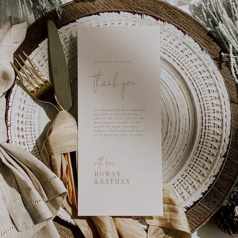 This modern chic vintage gold thank you table card is perfect for a simple wedding reception. The neutral boho design features rustic unique and stylish bohemian typography in a minimal gold and ivory cream color.  Place these cards at the place setting for each of your guests at your wedding reception. Personalize the card with your names and a special thank you message. Bohemian Wedding Table Settings, Neutral Boho Wedding Tablescape, Boho Table Setting Wedding, Boho Wedding Table Setting, Barker Wedding, Bohemian Typography, Boho Wedding Table Decor, Boho Table Setting, Simple Wedding Reception