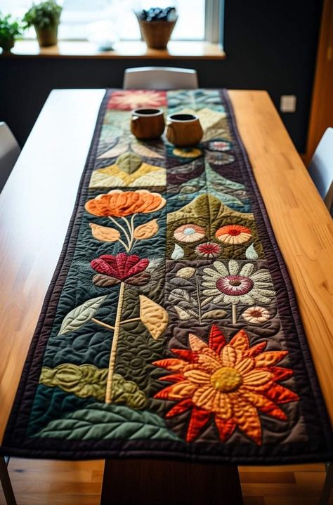 Placemats Quilted, Felted Table Runners, Diy Fall Table Runner, Table Topper Patterns, Handmade Table Runner, Table Quilts, Place Mats Quilted, Quilted Table Runners Patterns, Flower Quilts