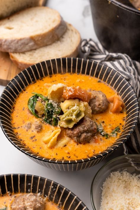 The Kollee Kitchen | Creamy Meatball Tortellini Soup Tortellini And Meatballs, Meatball Tortellini, Meatball Tortellini Soup, Meatball Seasoning, Creamy White Chicken Chili, Cooking Onions, Parmesan Meatballs, How To Cook Meatballs, Soup Broth